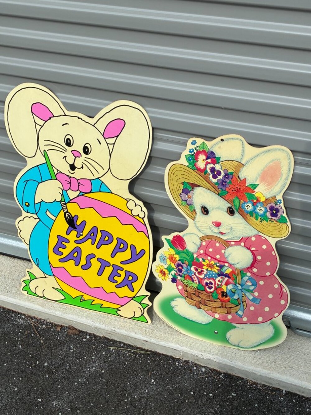 Lot of 2 Vintage Easter Bunny Decorations Plastic Yard Stake